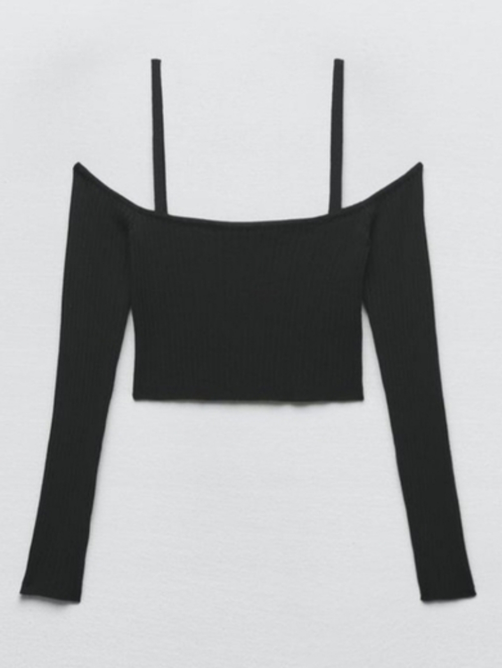 Zara Black Off-the-Shoulder Ribbed Crop Top with Straps